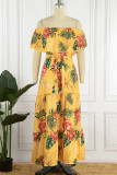 Yellow Elegant Print Patchwork Off the Shoulder Straight Dresses