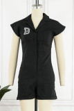 Black Casual Solid Patchwork Pocket Buckle Turndown Collar Straight Rompers