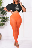 White Orange Sexy Casual Letter Print See-through O Neck Short Sleeve Two Pieces