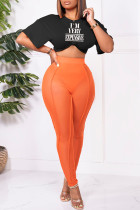Black Orange Sexy Casual Letter Print See-through O Neck Short Sleeve Two Pieces