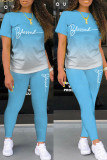 Red Casual Letter Print Basic O Neck Short Sleeve Two Pieces