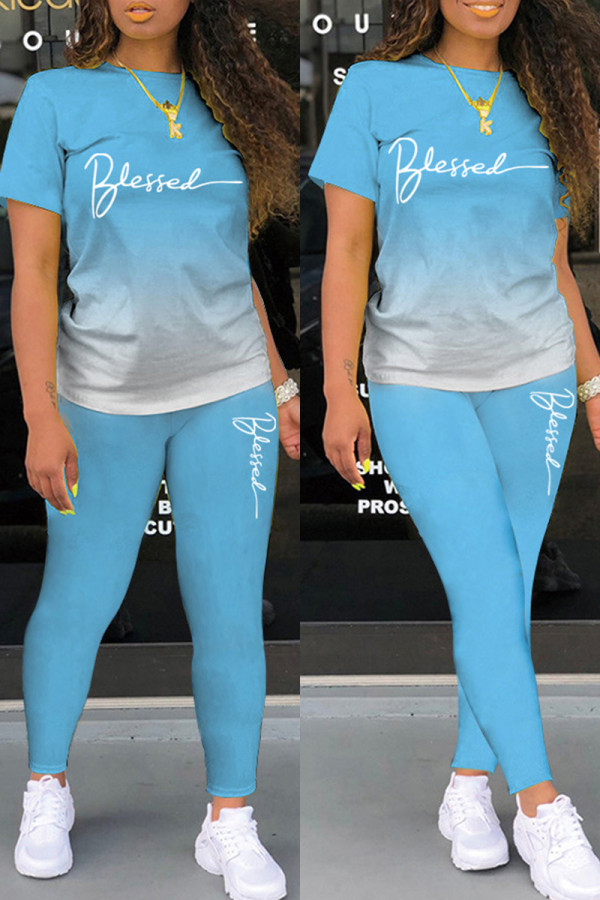 Sky Blue Casual Letter Print Basic O Neck Short Sleeve Two Pieces