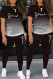 Red Casual Letter Print Basic O Neck Short Sleeve Two Pieces