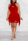 Red Street Print Tassel Letter O Neck Sleeveless Two Pieces