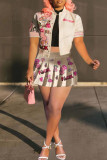 Red Casual Street Print Patchwork Buckle Fold Short Sleeve Two Pieces