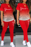 Red Casual Letter Print Basic O Neck Short Sleeve Two Pieces