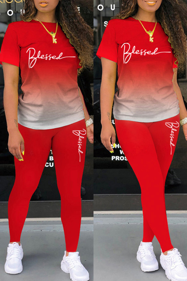 Red Casual Letter Print Basic O Neck Short Sleeve Two Pieces