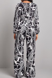 Black Casual Print Bandage Patchwork V Neck Straight Jumpsuits
