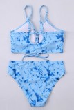 Red Sexy Print Tie Dye Frenulum Backless Swimwears (With Paddings)