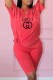 Watermelon Red Casual Print Letter O Neck Short Sleeve Two Pieces