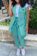 Sky Blue Casual Letter Print Cardigan Pants Turn-back Collar Sleeveless Two Pieces (Without T-shirt)