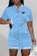 Sky Blue Casual Print Letter Mandarin Collar One Step Skirt Dresses