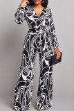 Black Casual Print Bandage Patchwork V Neck Straight Jumpsuits