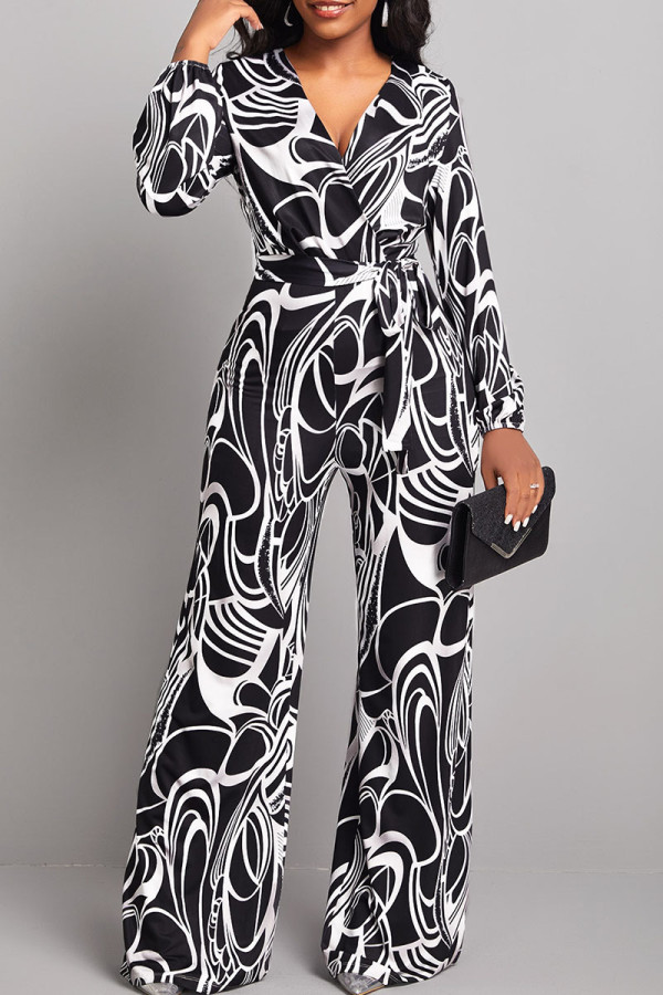 Black Casual Print Bandage Patchwork V Neck Straight Jumpsuits