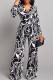 Black Casual Print Bandage Patchwork V Neck Straight Jumpsuits