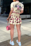 Red Casual Street Print Patchwork Buckle Fold Short Sleeve Two Pieces