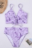 Red Sexy Print Tie Dye Frenulum Backless Swimwears (With Paddings)