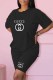 Black Casual Print Letter O Neck Short Sleeve Two Pieces