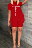 Red Casual Print Slit Turtleneck Short Sleeve Two Pieces