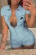 Blue Street Print Letter Turndown Collar Rompers