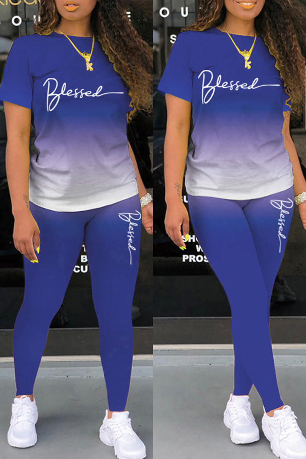 Royal Blue Casual Letter Print Basic O Neck Short Sleeve Two Pieces