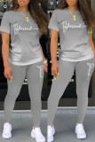 Red Casual Letter Print Basic O Neck Short Sleeve Two Pieces