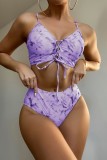 Red Sexy Print Tie Dye Frenulum Backless Swimwears (With Paddings)