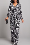 Black Casual Print Bandage Patchwork V Neck Straight Jumpsuits