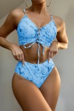 Red Sexy Print Tie Dye Frenulum Backless Swimwears (With Paddings)