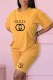 Yellow Casual Print Letter O Neck Short Sleeve Two Pieces