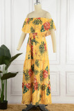 Yellow Elegant Print Patchwork Off the Shoulder Straight Dresses