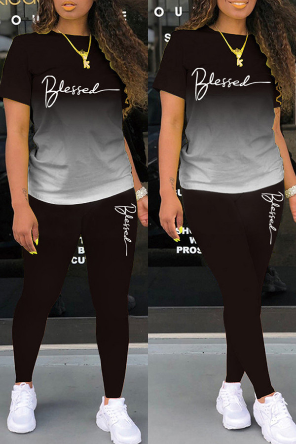 Black Casual Letter Print Basic O Neck Short Sleeve Two Pieces