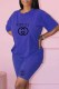 Blue Casual Print Letter O Neck Short Sleeve Two Pieces
