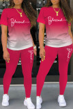 Red Casual Letter Print Basic O Neck Short Sleeve Two Pieces