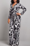 Black Casual Print Bandage Patchwork V Neck Straight Jumpsuits