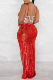 Red Sexy Solid Sequins Patchwork See-through Slit Hot Drill Spaghetti Strap Long Dress Dresses