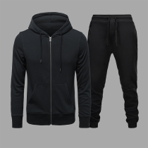 Black Casual Solid Draw String Zipper Collar Long Sleeve Two Pieces