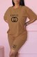 Khaki Casual Print Letter O Neck Short Sleeve Two Pieces