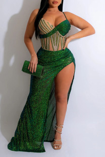 Green Sexy Solid Sequins Patchwork See-through Slit Hot Drill Spaghetti Strap Long Dress Dresses