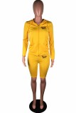 Yellow Casual Print Letter Hooded Collar Long Sleeve Two Pieces