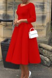 Red Casual Solid Basic O Neck A Line Dresses