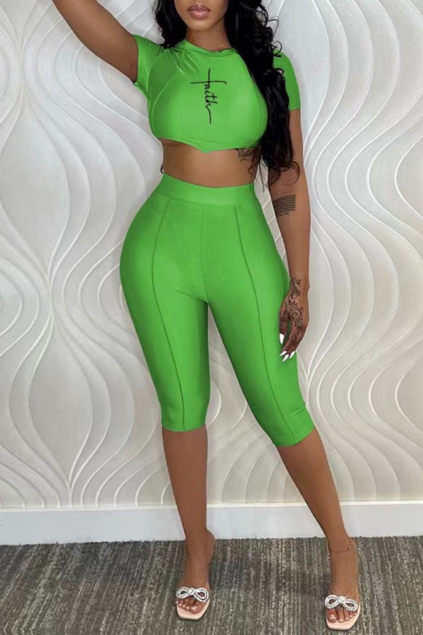 Green Casual Print Bandage Backless O Neck Sleeveless Two Pieces