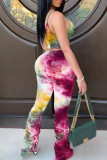 Multicolor Sexy Print Tie Dye Patchwork Fold Spaghetti Strap Sleeveless Two Pieces