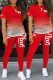 Red Sexy Print Letter O Neck Short Sleeve Two Pieces