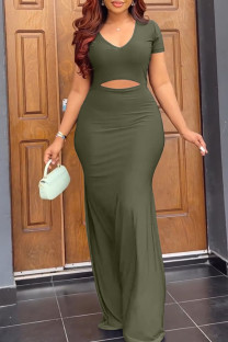 Army Green Sexy Solid Hollowed Out Patchwork V Neck Trumpet Mermaid Dresses