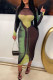 Green Sexy Print Patchwork See-through O Neck Pencil Skirt Dresses