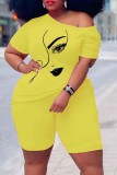 Yellow Casual Print Basic Oblique Collar Short Sleeve Two Pieces