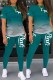 Dark Green Sexy Print Letter O Neck Short Sleeve Two Pieces