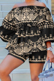 Orange Blue Casual Elegant Print Patchwork Off the Shoulder Three Quarter Two Pieces