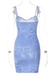 Blue Sexy Print Backless Spaghetti Strap Sleeveless Dress Dresses